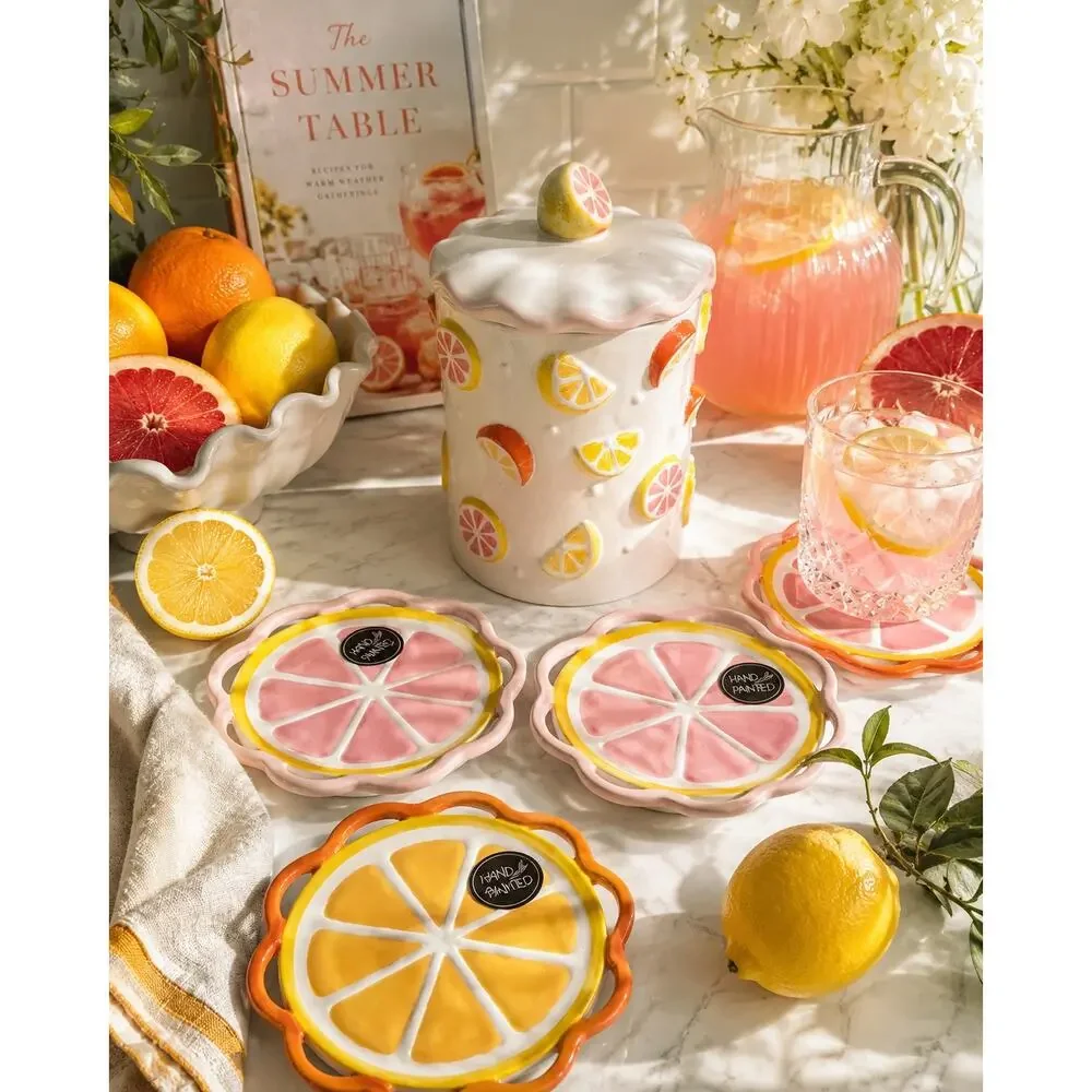 Hand-Painted Citrus Canister & 4 Plate Set